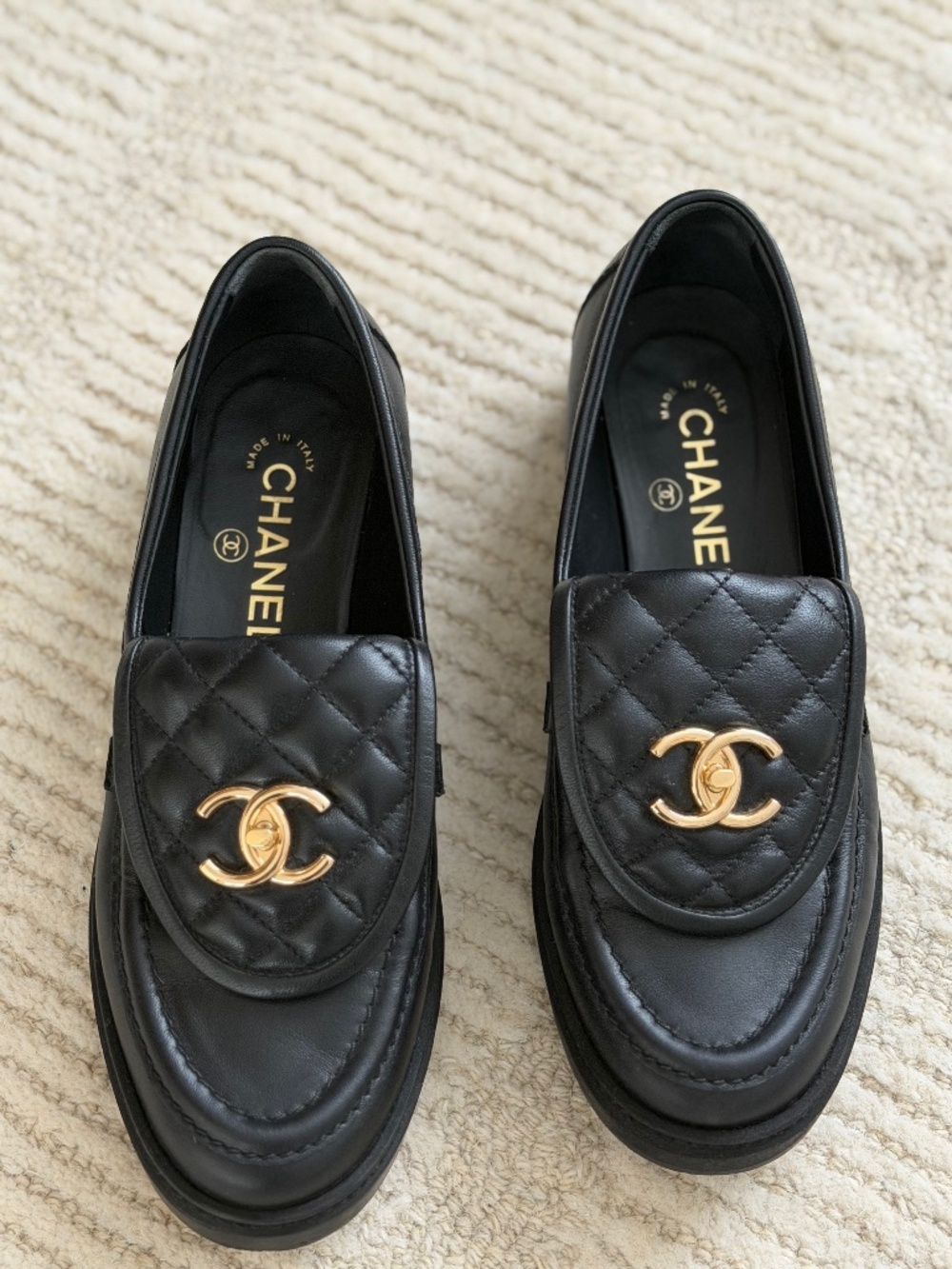 Chanel Black Quilted Leather Loafers with Turnlock CC Logo
